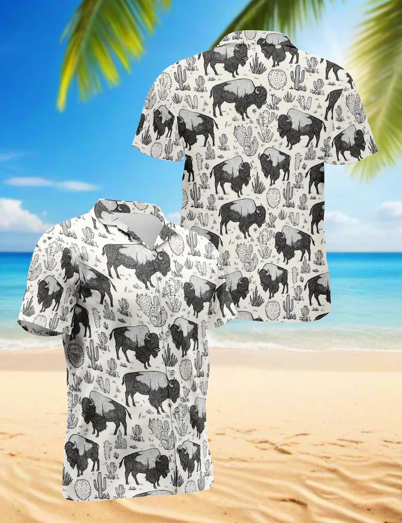 Buffalo Bison Hawaiian Shirt Animal Print Tropical Beach Party Men’s