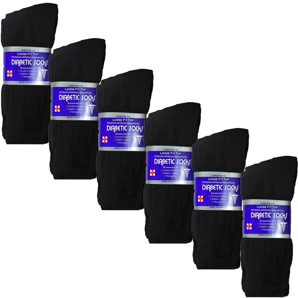 6 Pairs Black Men Loose Fit Top Circulatory Diabetic Crew Socks Cotton 10-13