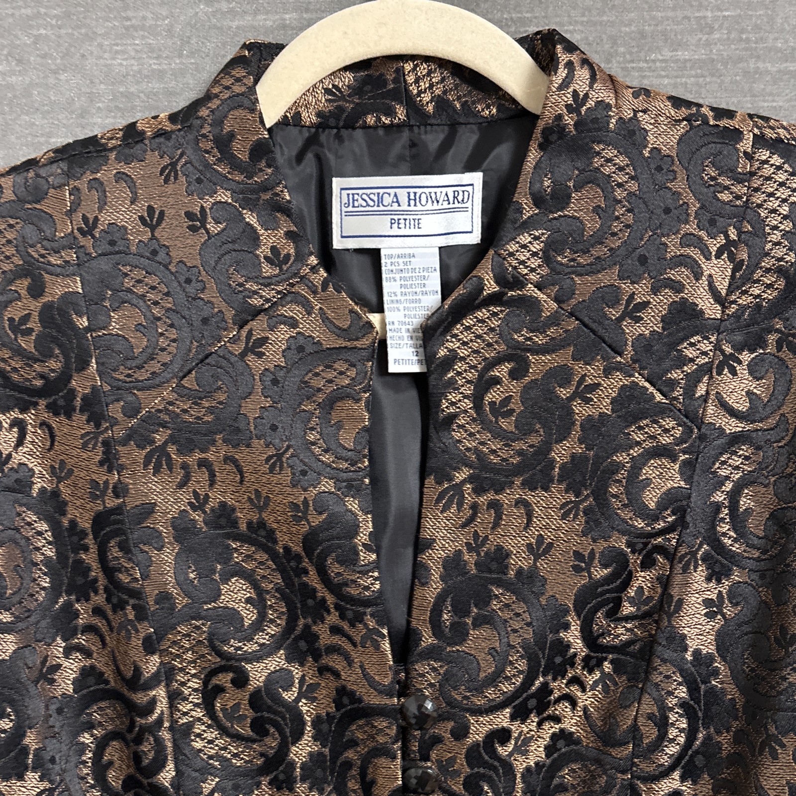 Jessic Howard Jacket 12 Petite Gold Black Floral Cocktail Evening Formal Bolero