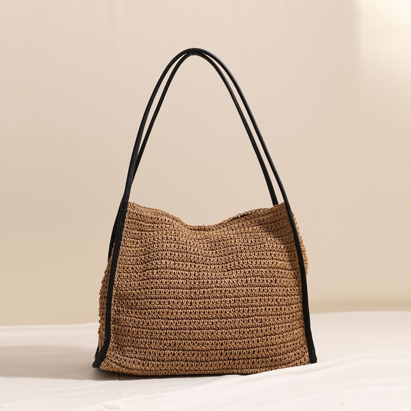 Women’s New French Large Capacity Solid Square Woven Straw Shoulder Tote Beach
