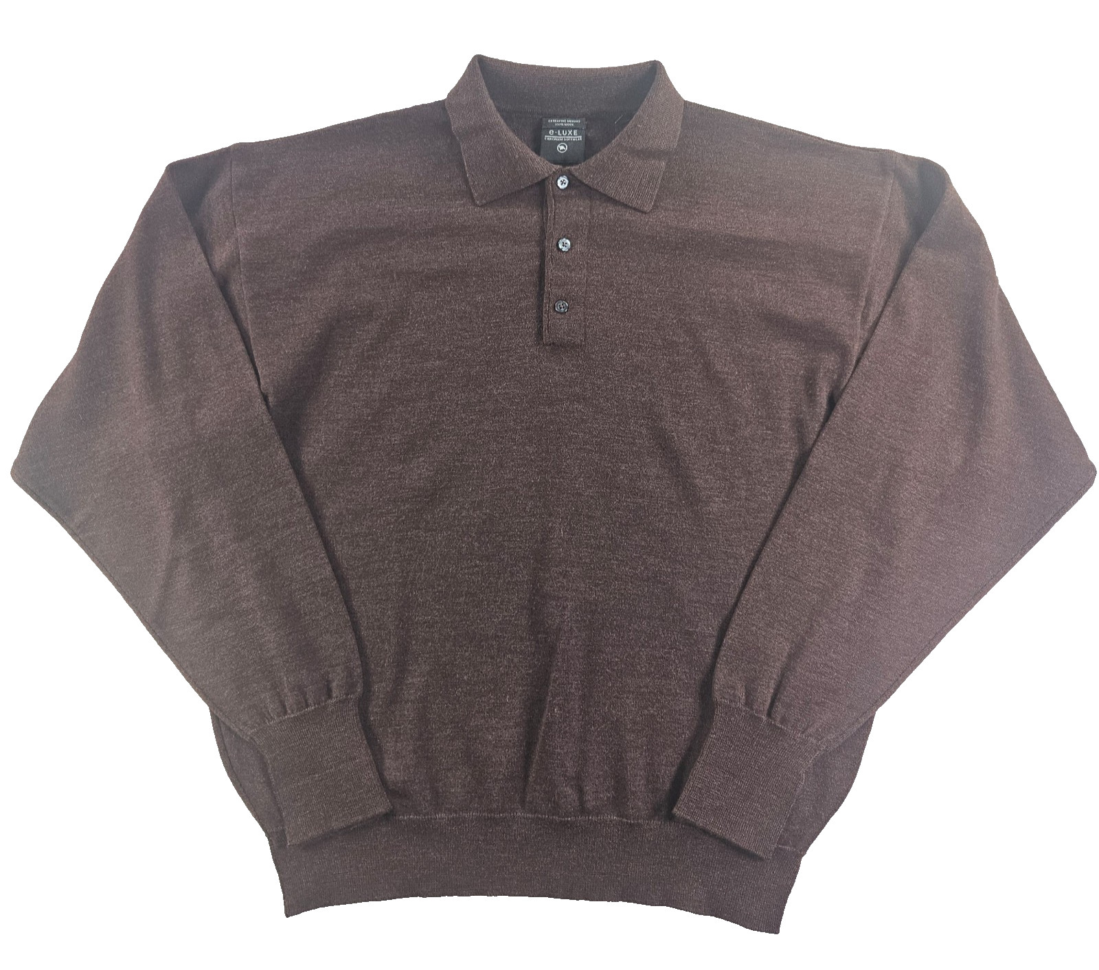 e-LUXE Men’s XL Extrafine Merino Wool Long Sleeve Polo Sweater Brown