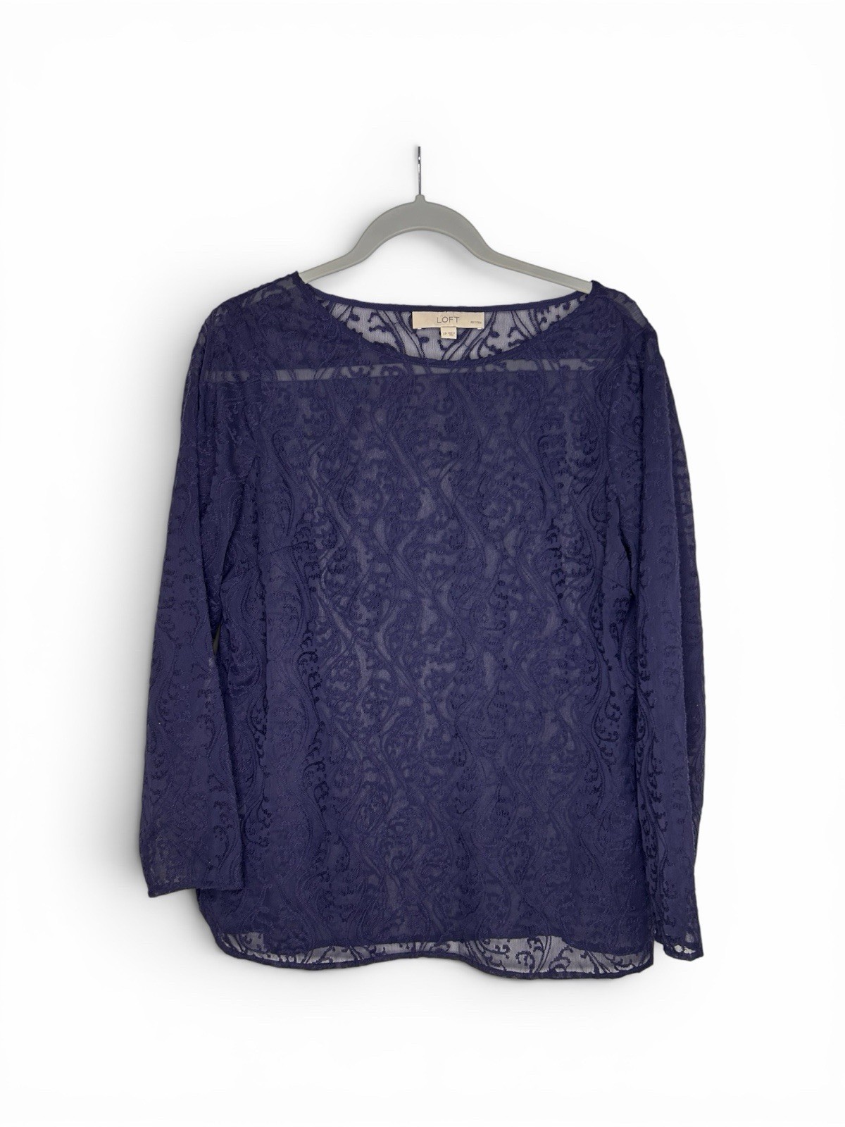 LOFT Petites LP Navy Blue Sheer Lace Blouse Long Sleeve Embroidered Top