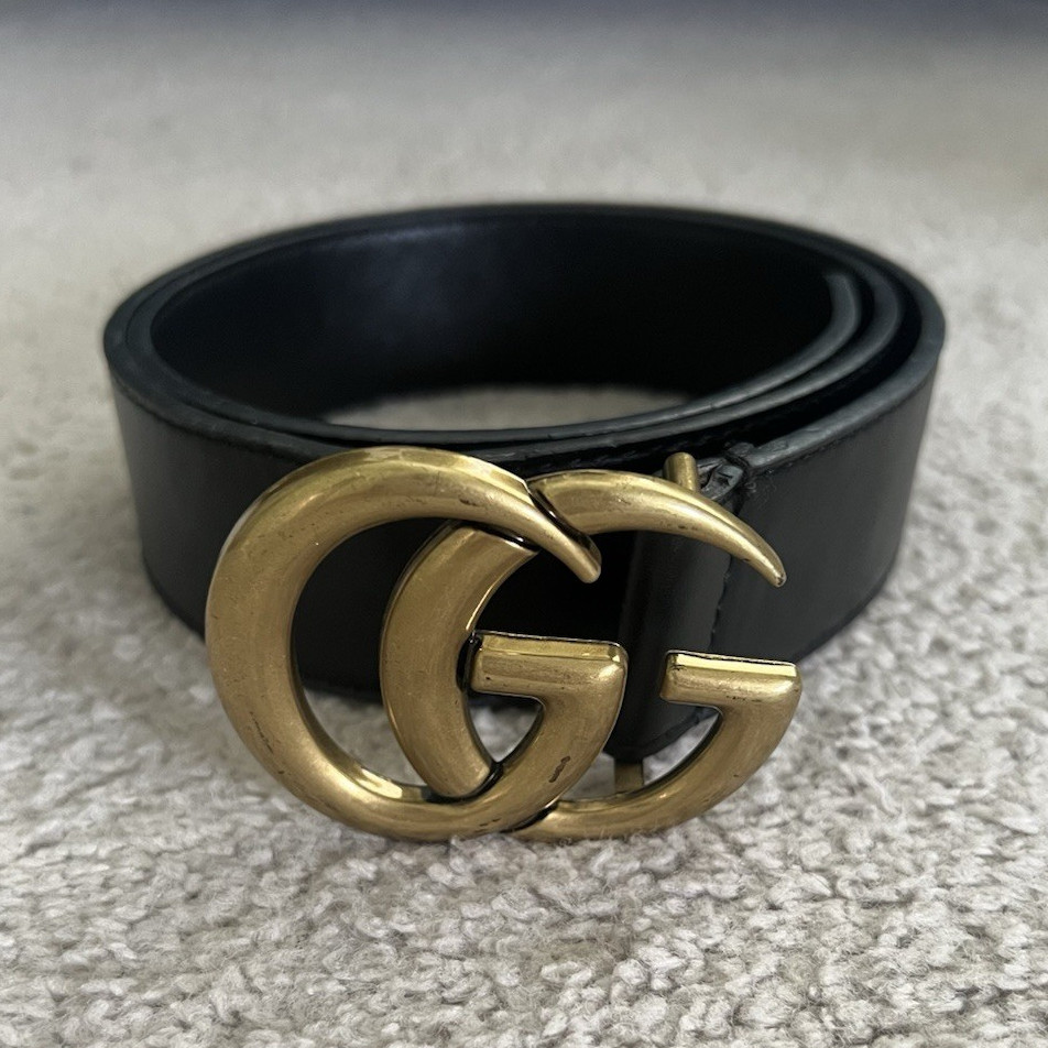Gucci Women’s Black Wide Fashion Belt Gold Double G Logo Buckle Size 80