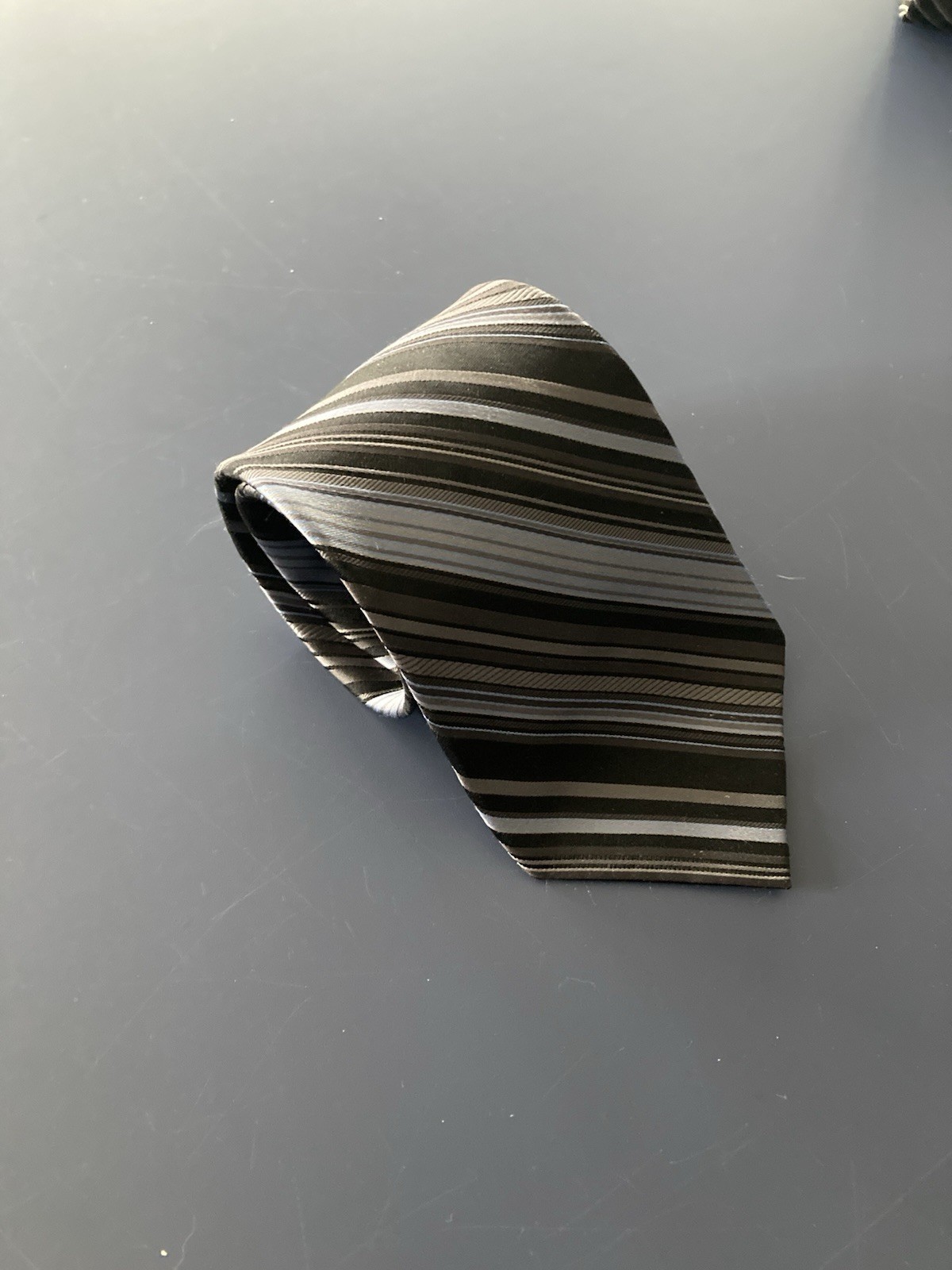 DKNY Silk Tie Dark Blue Light Blue Gray Stripes Necktie USA 58 x 3.25 Inches