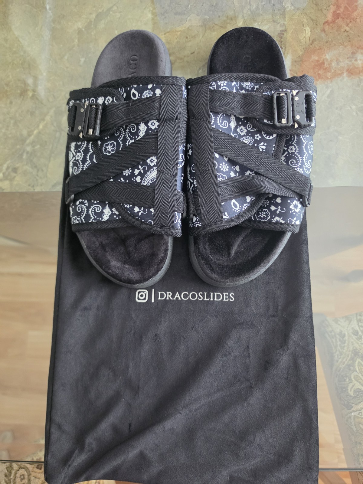 Draco Black Bandana With Buckle Slides New Never Worn Size 11/12 With Velvet Bag