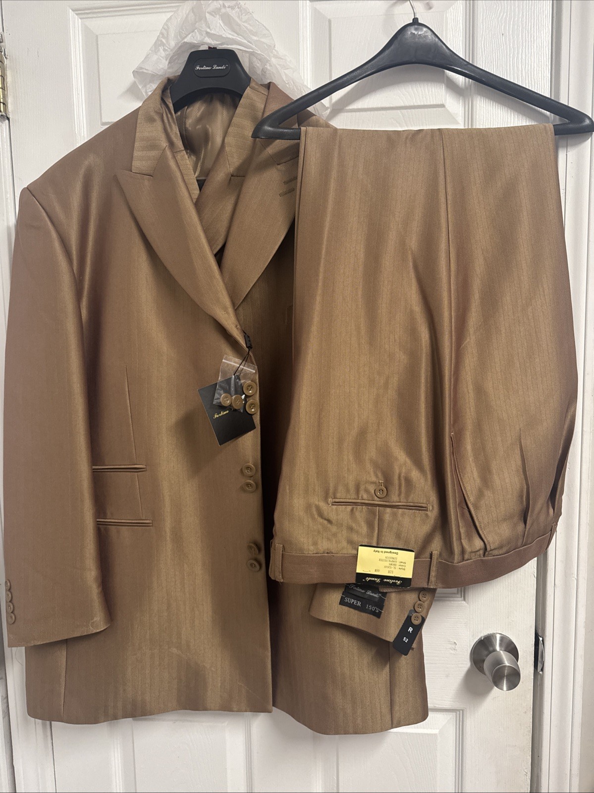 Fortino Landi 3PC Men’s Double Button Vested Fashion Suit Brown Tan 52R/46W NWT