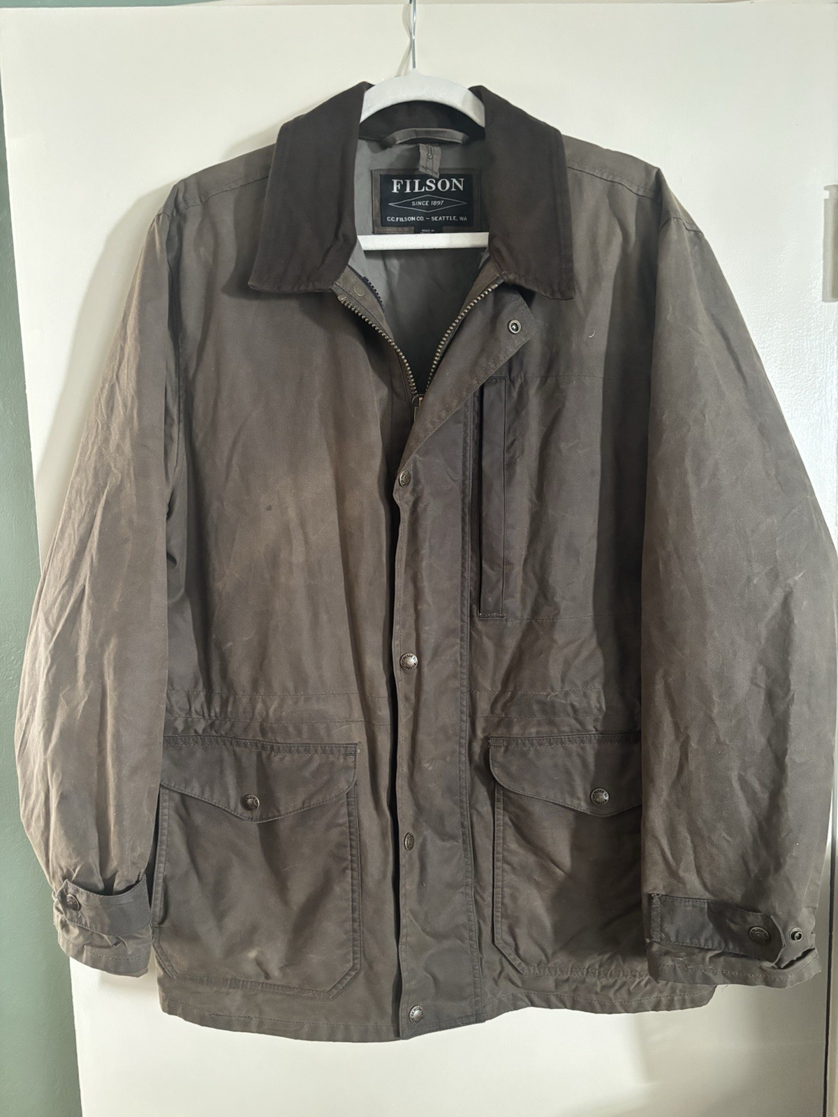 FILSON Mile Marker Jacket Otter Green Waxed Cover Cloth Coat Hunting Mens L