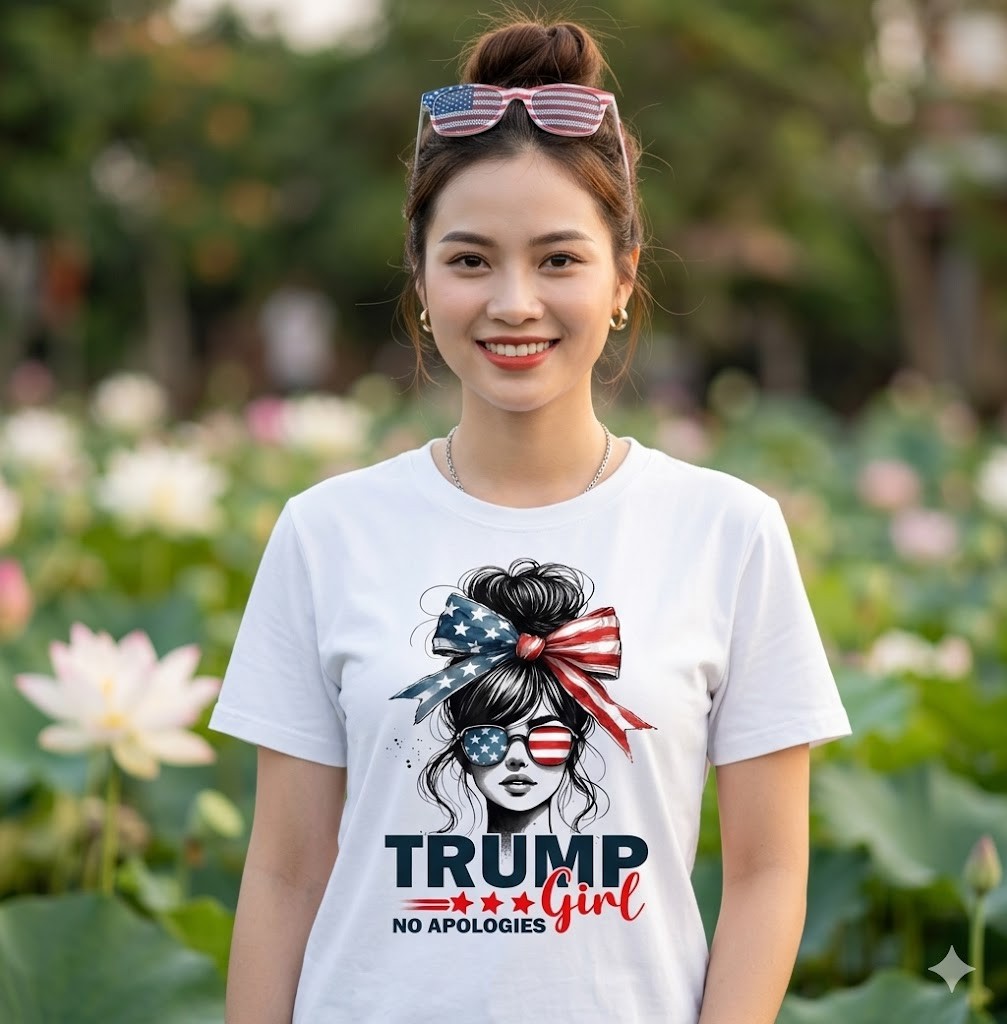 Trump Girl No Apologies USA Flag Messy Bun Sunglasses T-Shirt – H322