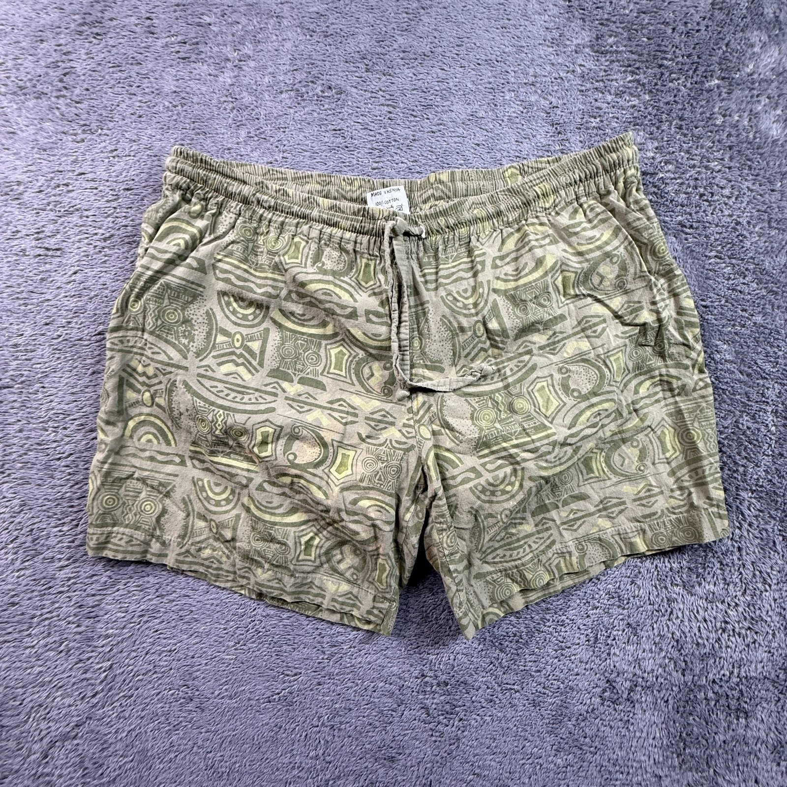 Kibo Ko Kenya Mens 34 Swim Shorts Trunks Green Tribal Print Lined Drawstring