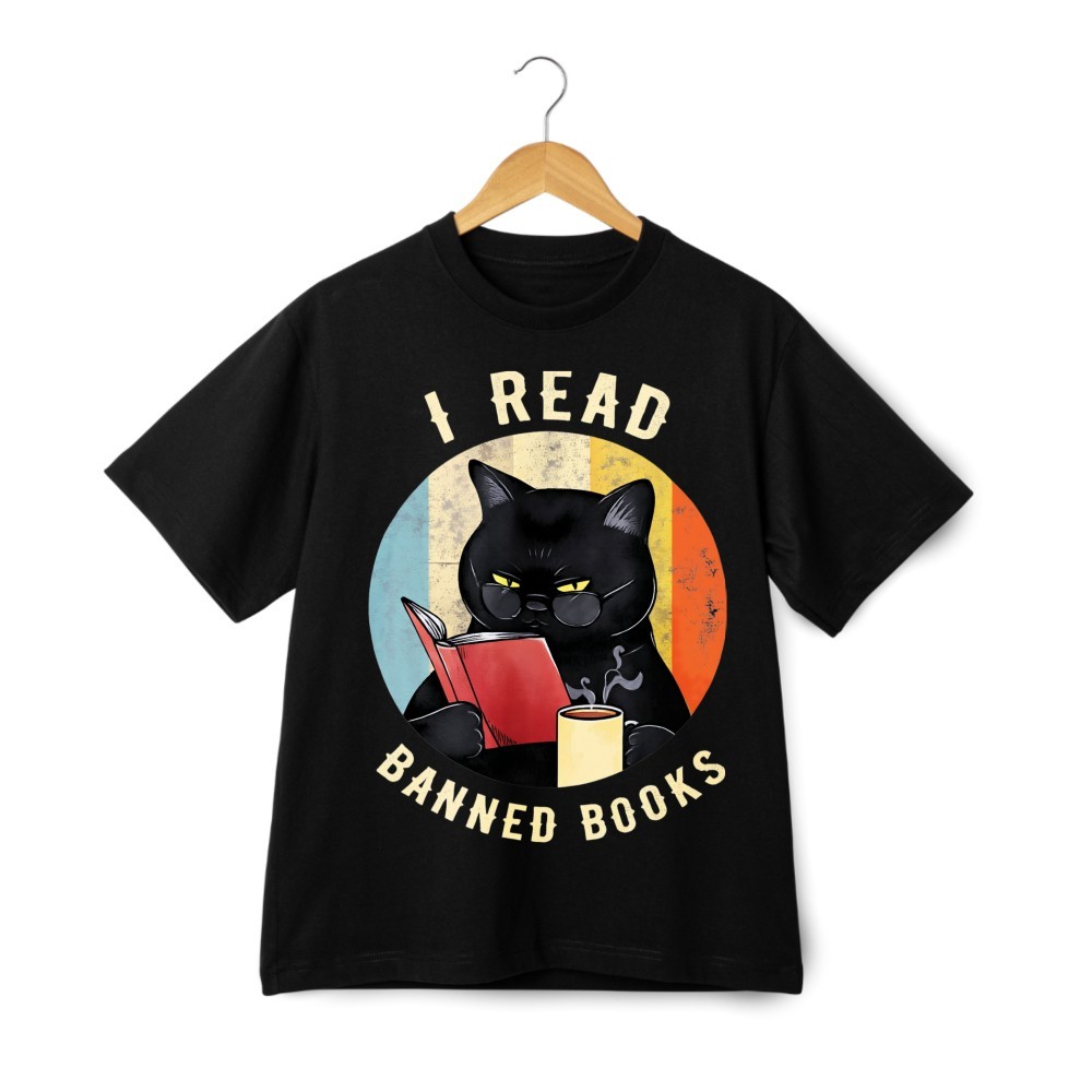 I Read Banned Books Black Cat Graphic T Shirt Reader Book Lover Unisex Tee