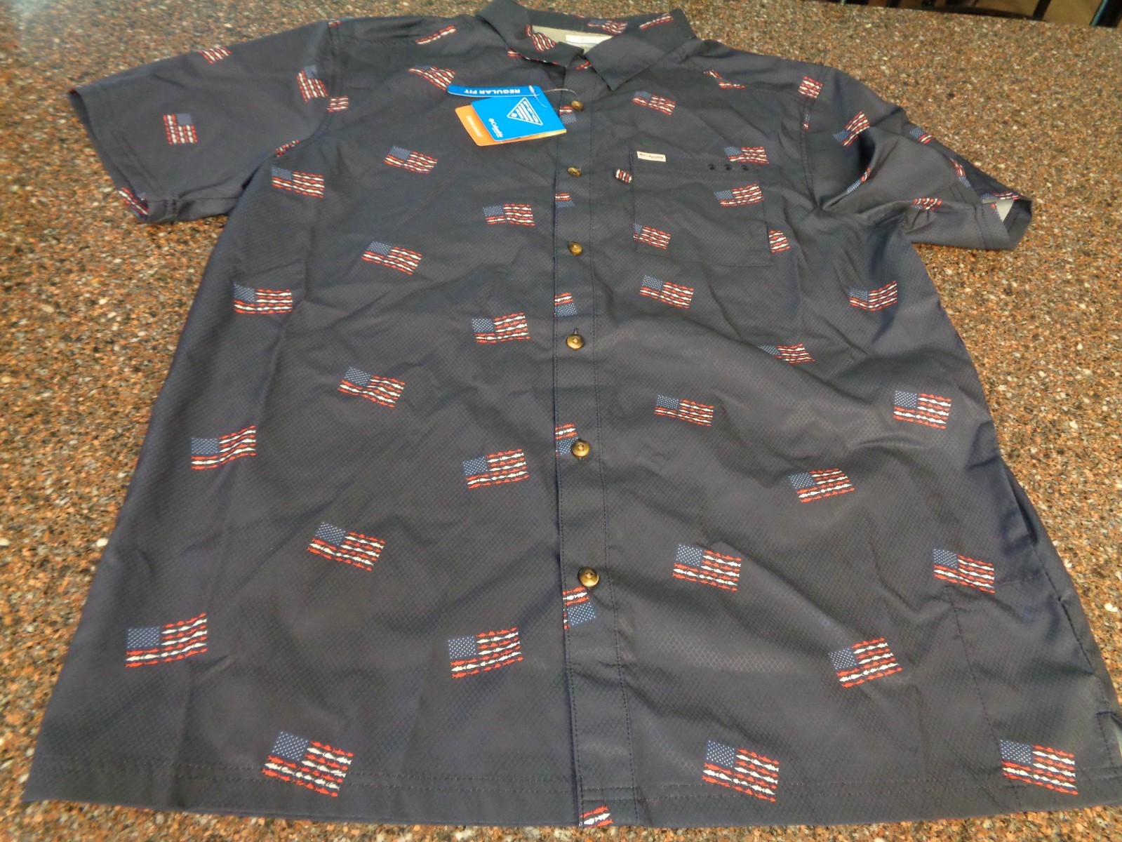Columbia PFG Men’s Large Fish Flag Shirt Blue Button Down American Patriotic New