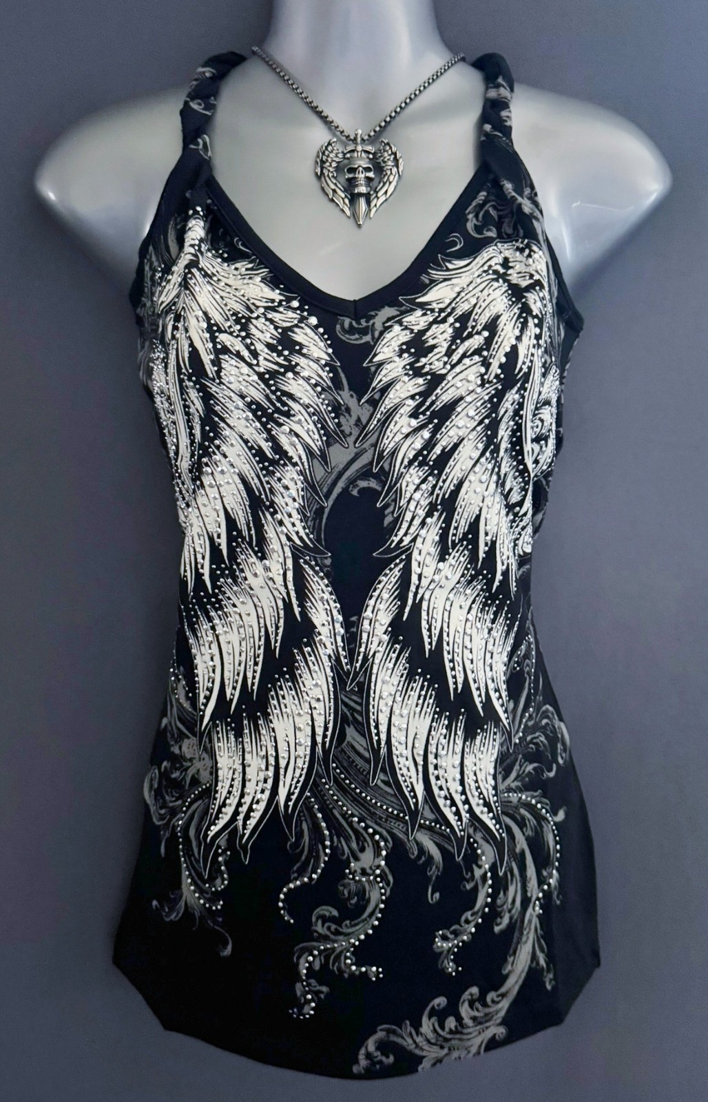 New Womens CRYSTAL BLACK BIKER ANGEL WINGS BRAIDED TANK TOP S M L XL 1X 2X 3X