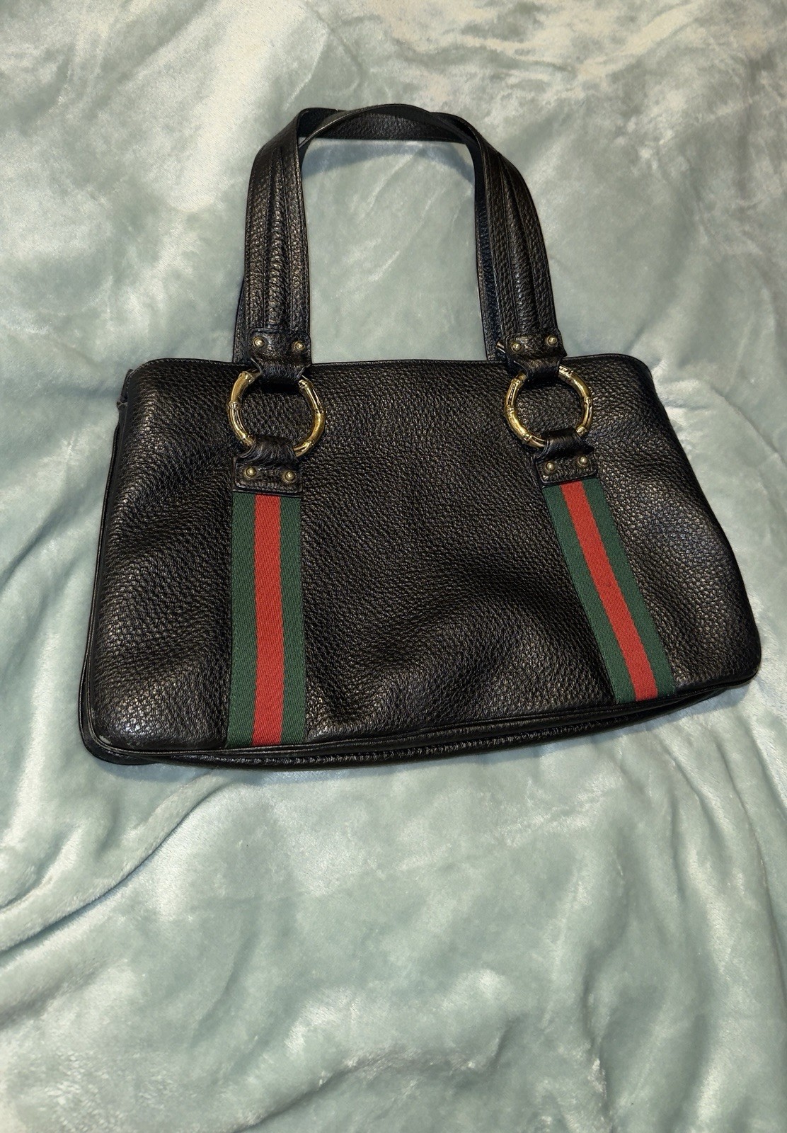 Gucci Medium Black Pebbled Satchel Top Handle Green/Red Web Stripe Gold Zip