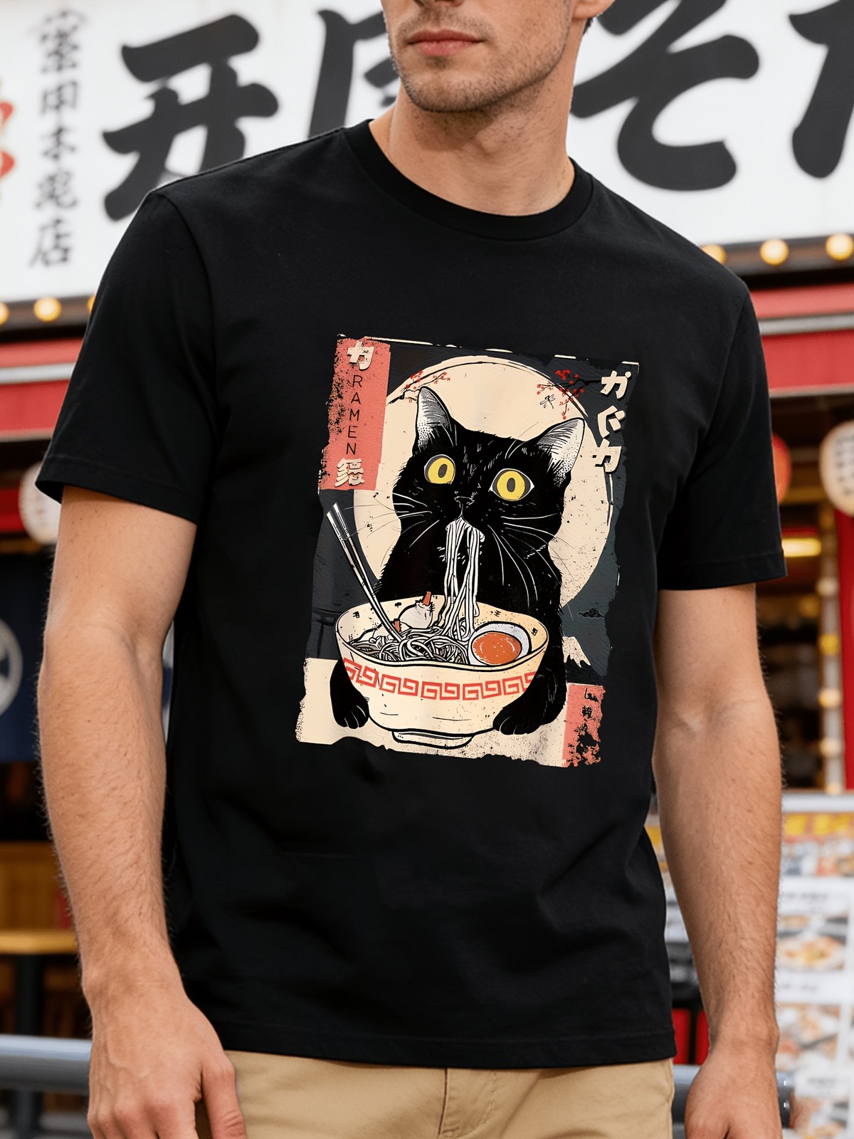 Ramen Cat Graphic Tee – Vintage Japanese Ukiyo-e Style Black Cat T-Shirt