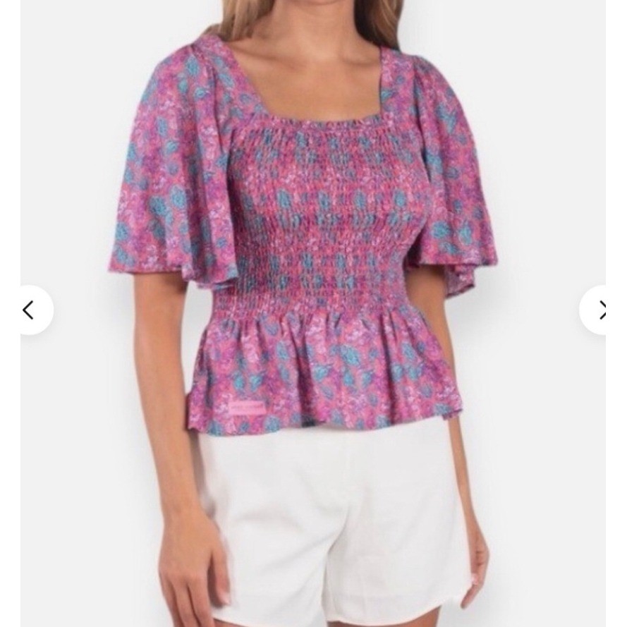 NWT Simply Southern Top L Pink Seahorse Smocked Peplum Square Neck (3123)