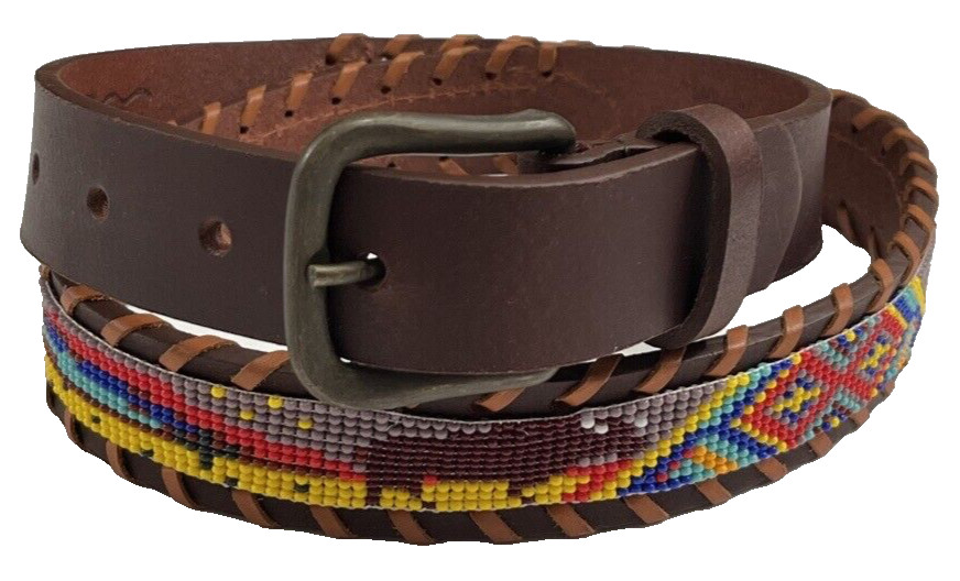 Camp Hero Buffalo Beadwork Leather Belt 34 Brown New USA Made $165