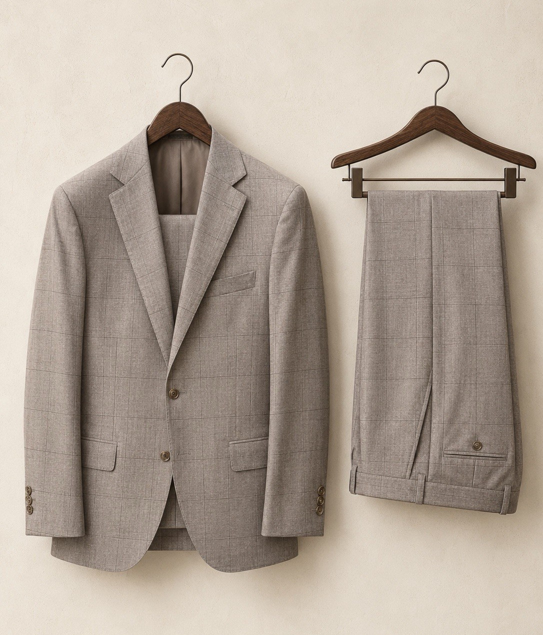 Coppley Men’s Tan Windowpane Wool 2-Piece Suit 2-Button Notch Lapel 44R