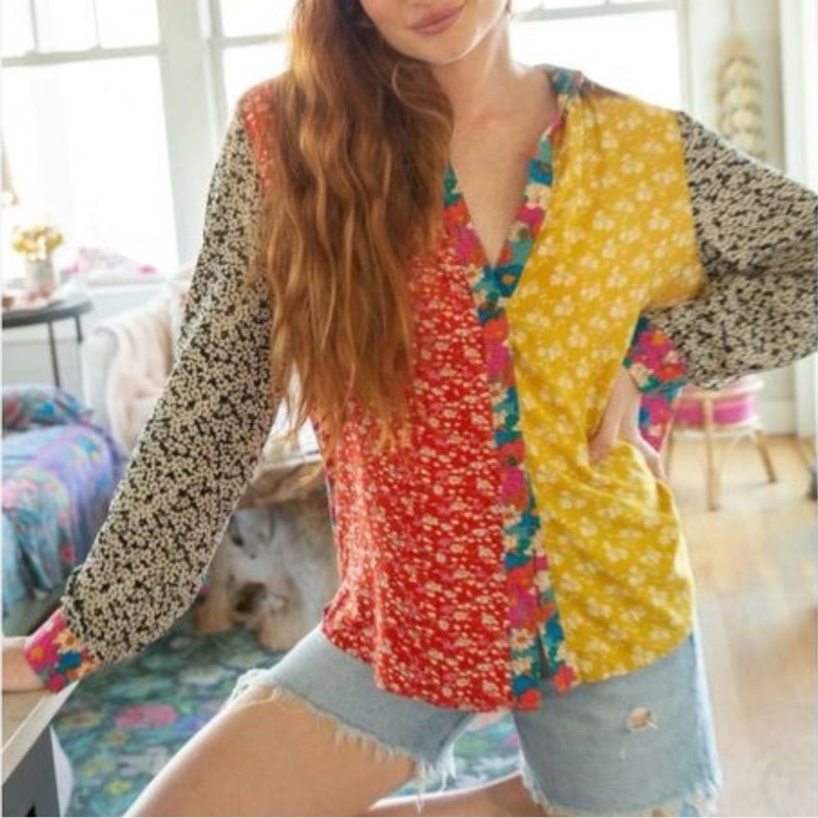 Natural Life Women’s Esme Patchwork Long Sleeve Button Down Blouse