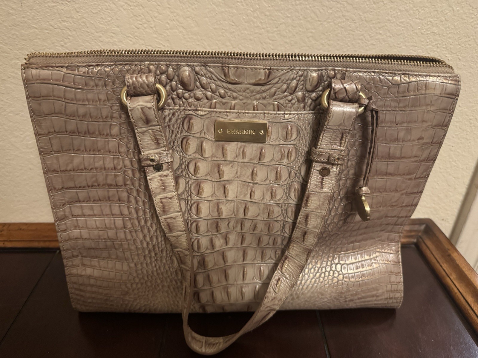 BRAHMIN Anywhere Melbourne Croc Embossed Leather Tote Shoulder Beige Handbag