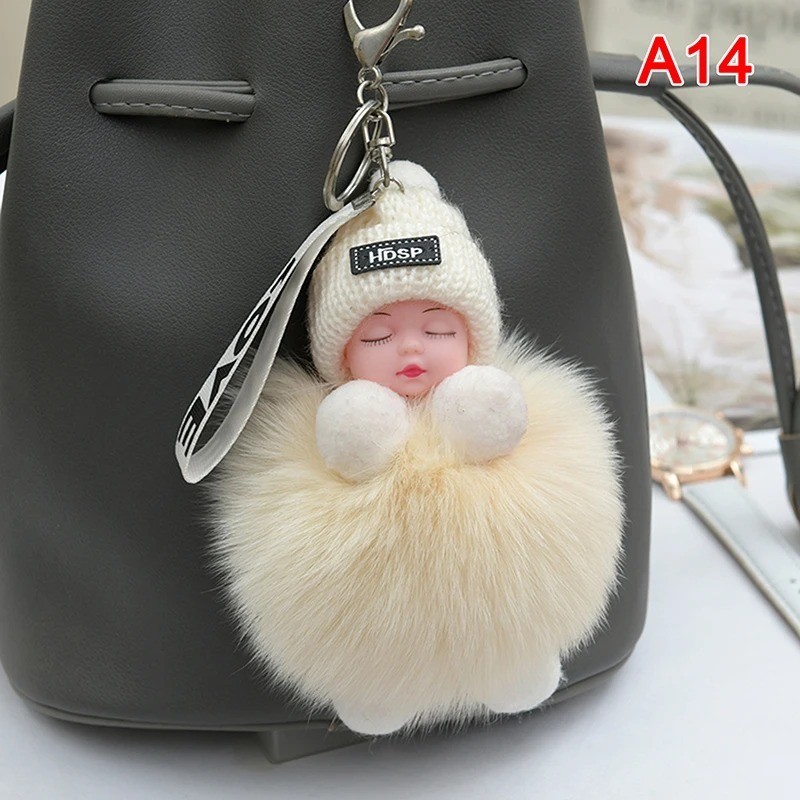 Cute Fluffy Pom Pom Plush Keychain Sleeping Baby Doll Bag Charm Gift for Women