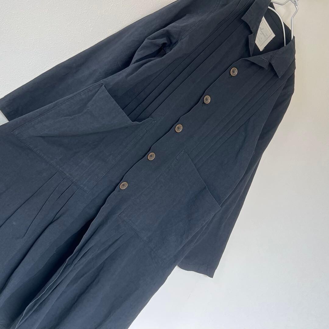 ICHI Antiquites Black Cotton Linen Pintuck Long Coat Women Free Auth