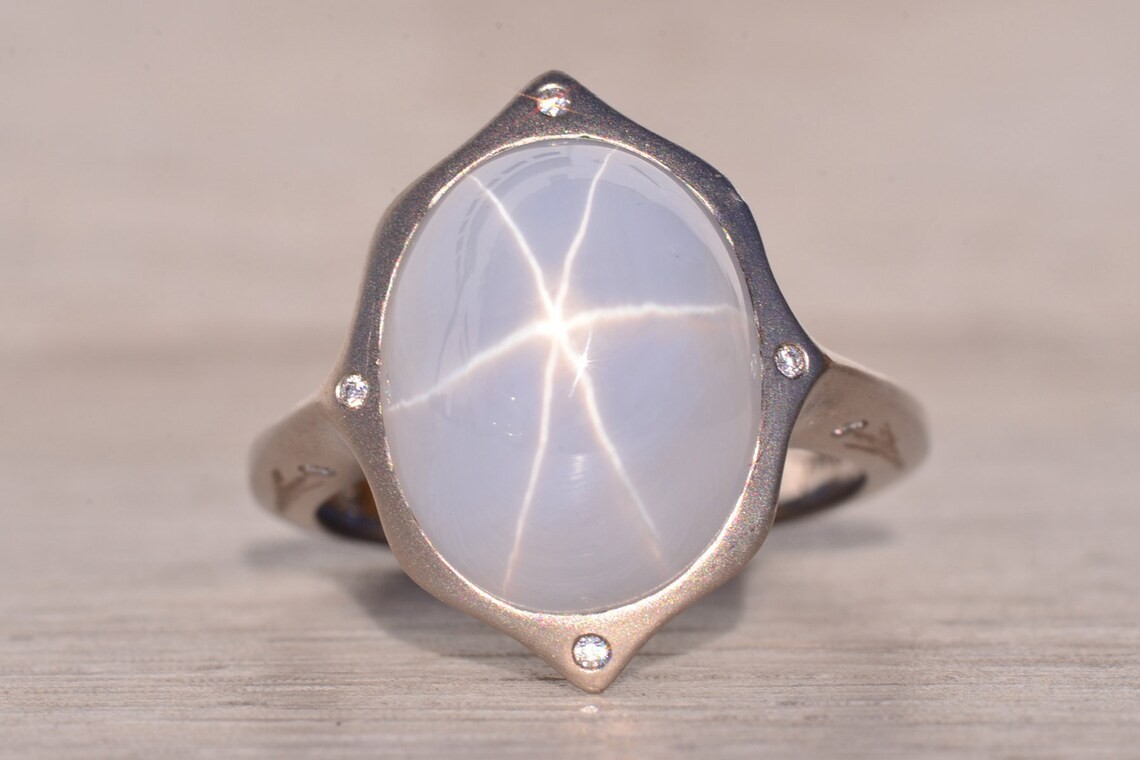White Star Sapphire Ring 925 Sterling Silver Oval Six Ray Star Gemstone Gift Her