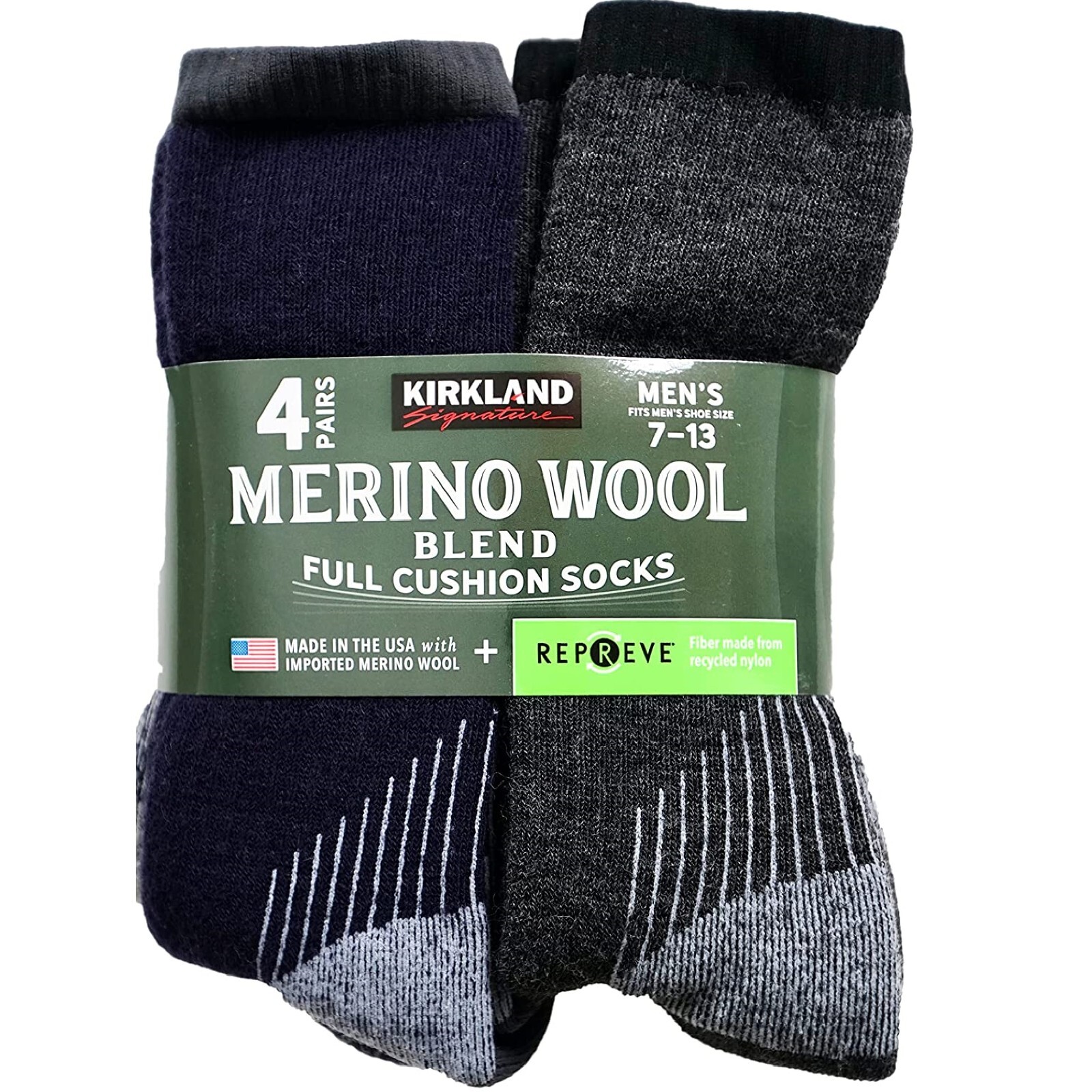 Kirkland Signature Men’s Merino Wool blend sock, size 7-13, 4-pair USA Made